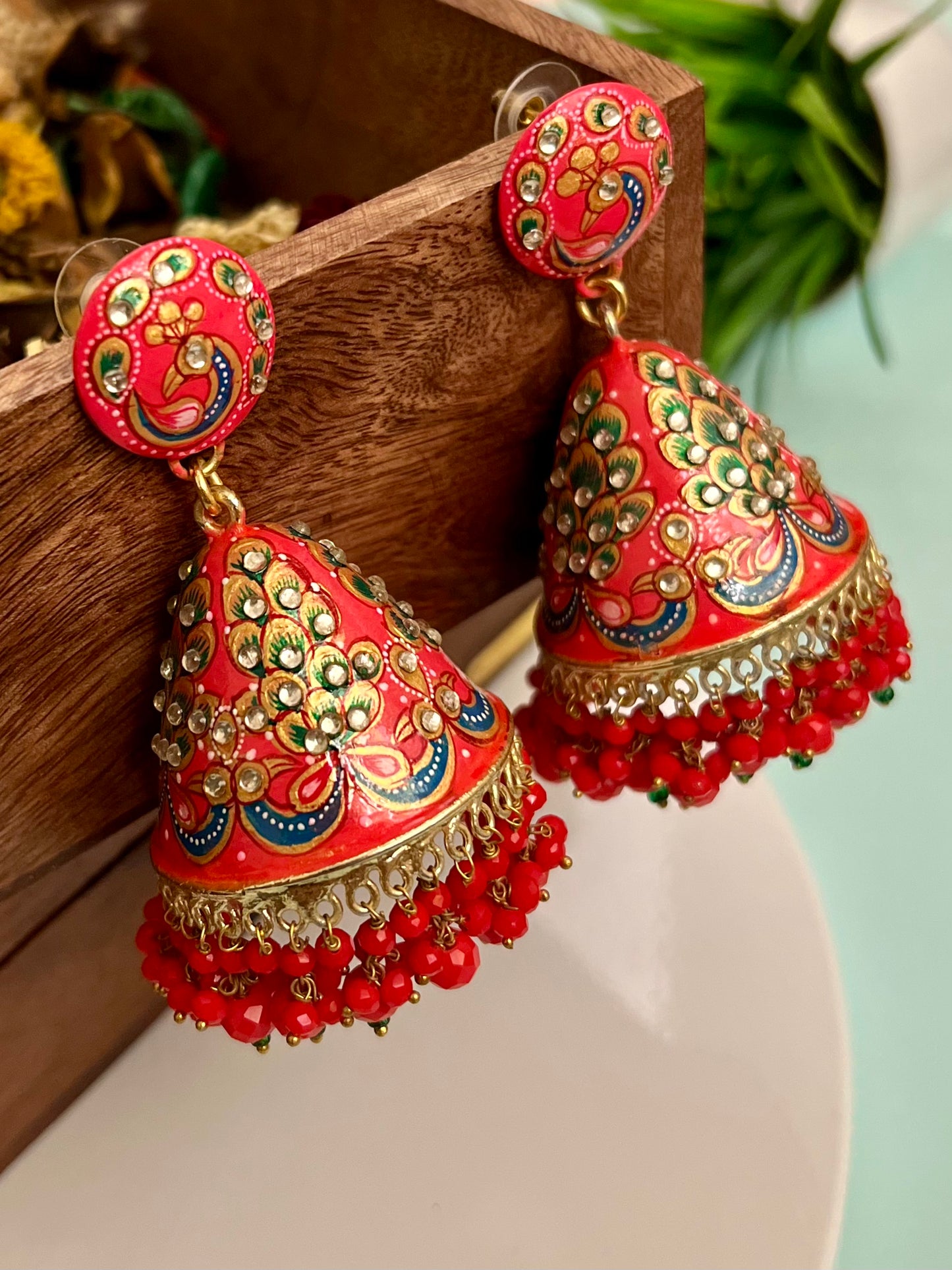 Morni Meenakari Studded Coral jhumka DB-DP11280Z