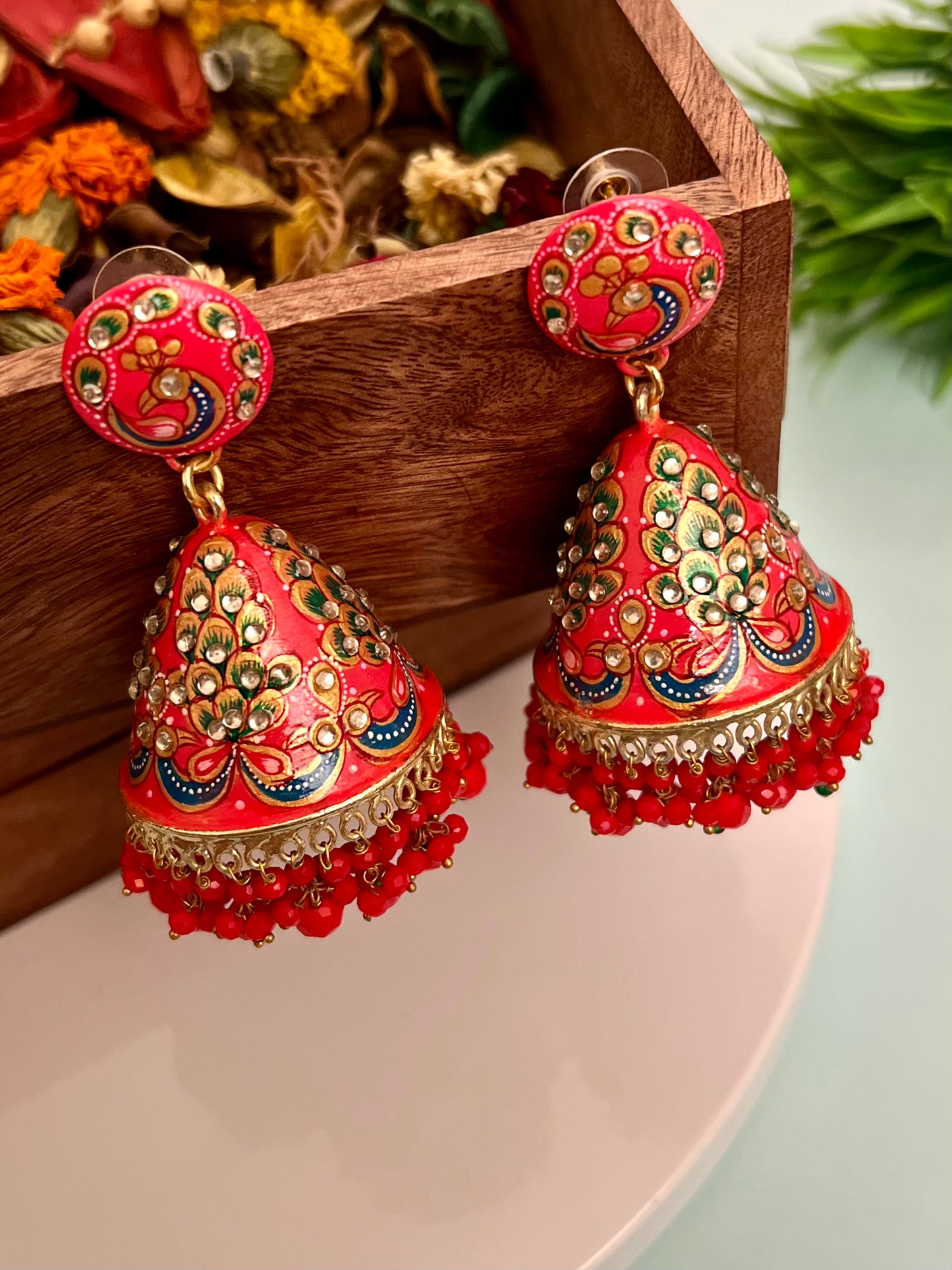 Morni Meenakari Studded Coral jhumka DB-DP11280Z