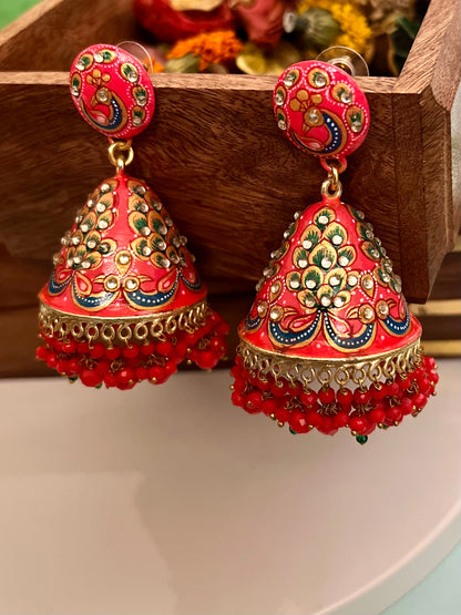 Morni Meenakari Studded Coral jhumka DB-DP11280Z