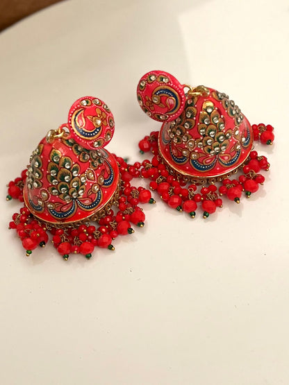 Morni Meenakari Studded Coral jhumka DB-DP11280Z