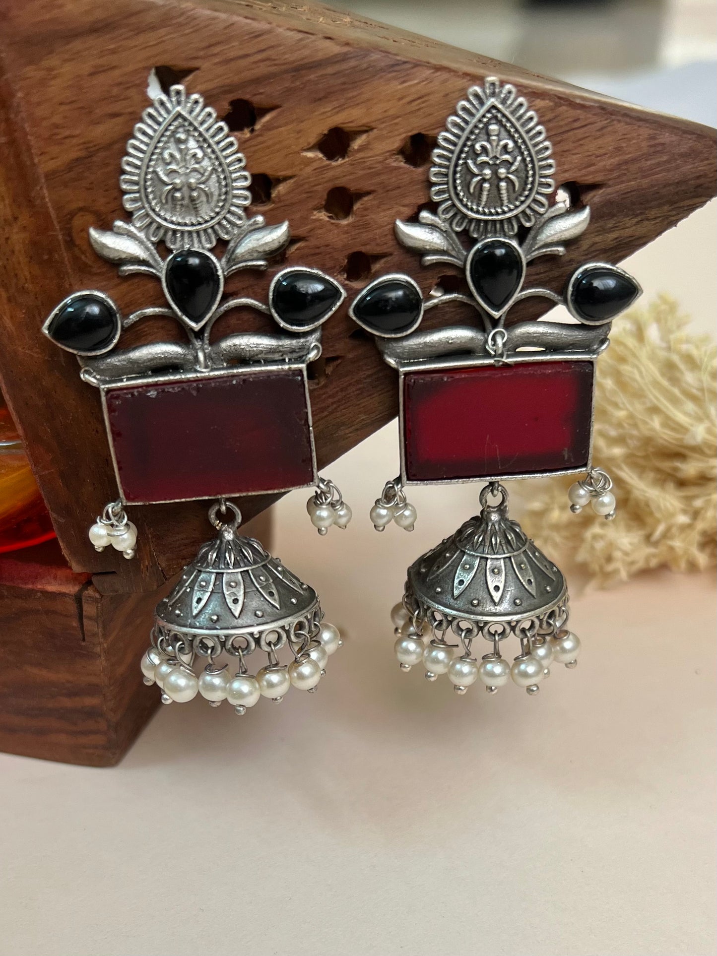 Mermaid Maroon Monalisa Stone Jhumka Earrings DB-JH13800Z