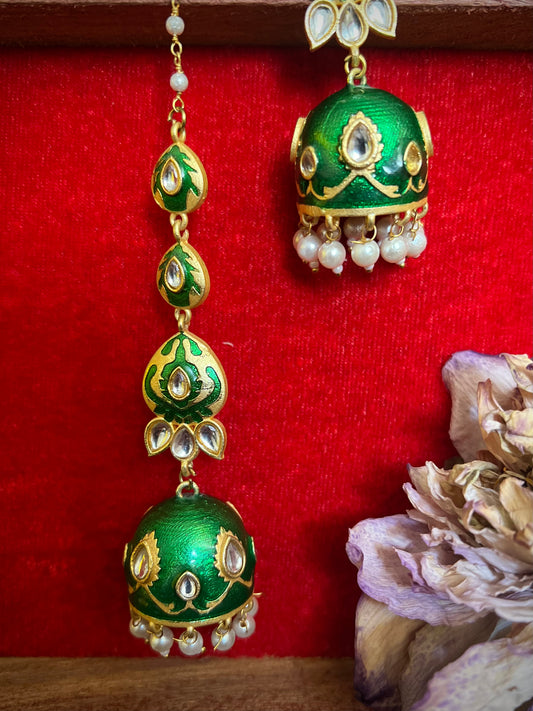 Meenakari Kundan Green Jhumka with Ear Chain DB-GP13602Z