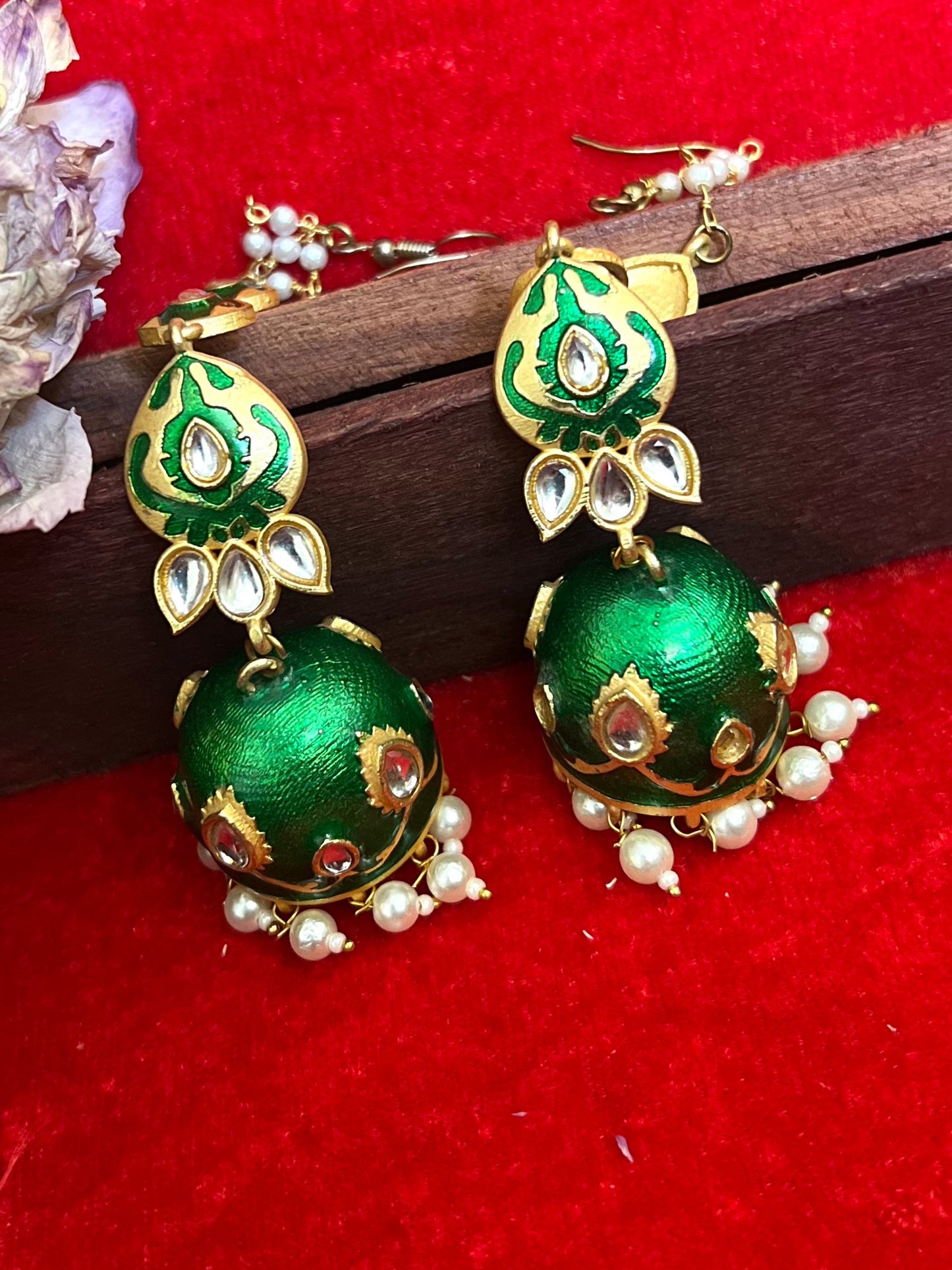 Meenakari Kundan Green Jhumka with Ear Chain DB-GP13602Z